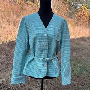 vintage 90s Teal green Houndstooth Belted Blazer office siren career CEO size 10